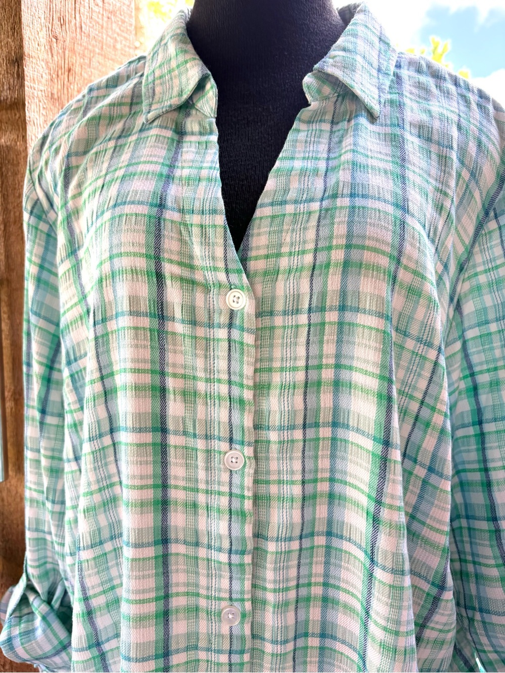 Joan Rivers Aqua Plaid Soft Puckered Roll Tab Sleeve Option Button Front Shirt - Picture 3 of 10